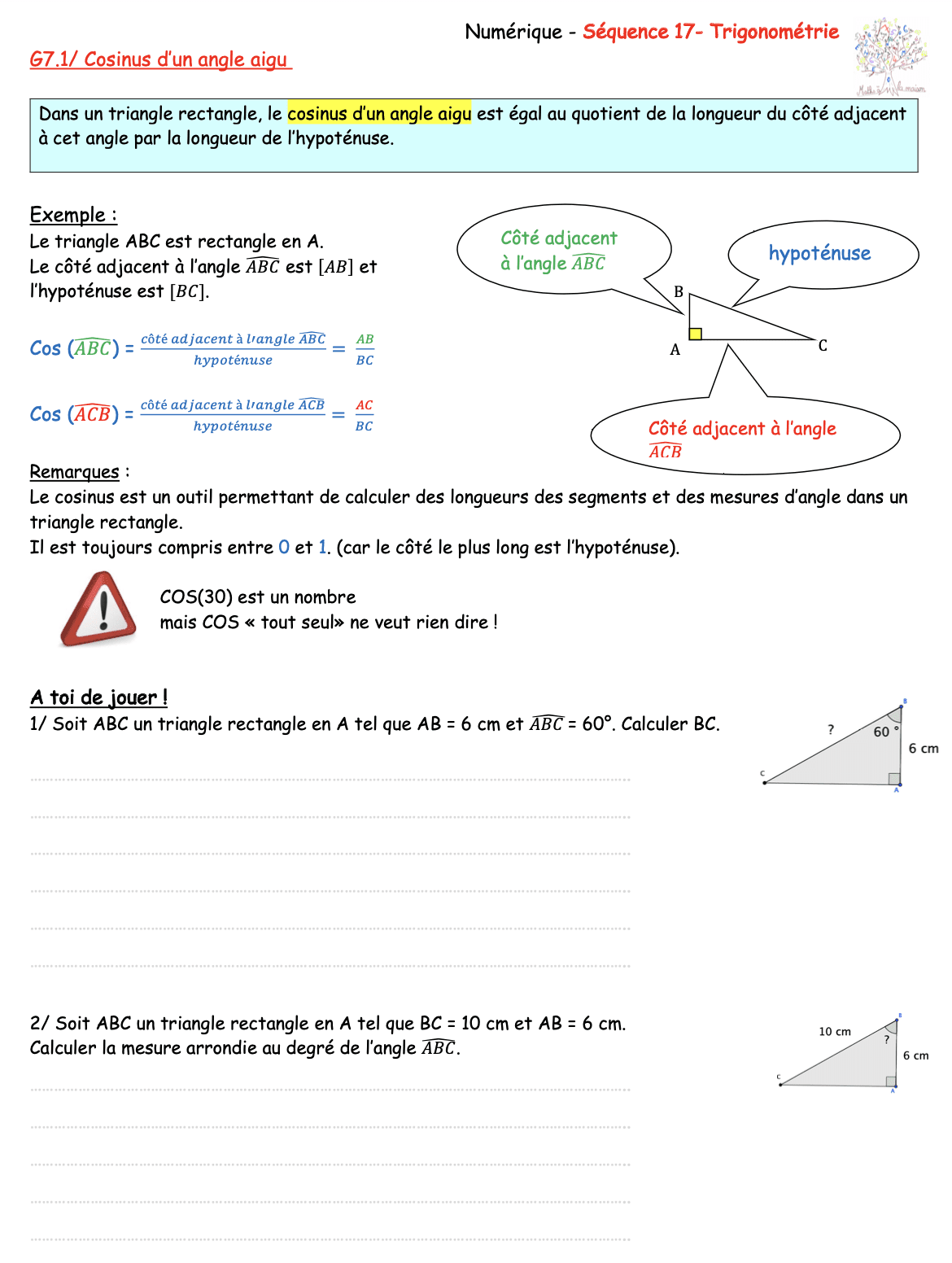 3e Trigonométrie : Cours - Maths à La Maison