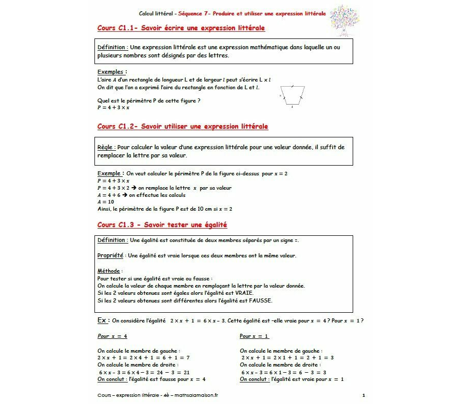 4è - Expressions litterales: cours