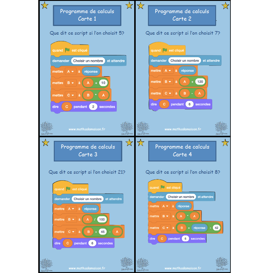 6e jeu de cartes scratch débranché - programmes de calcul