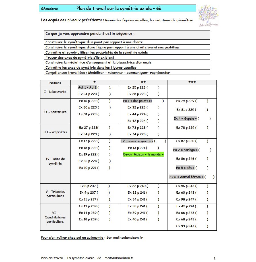 6è - Symétrie axiale: Plan de travail