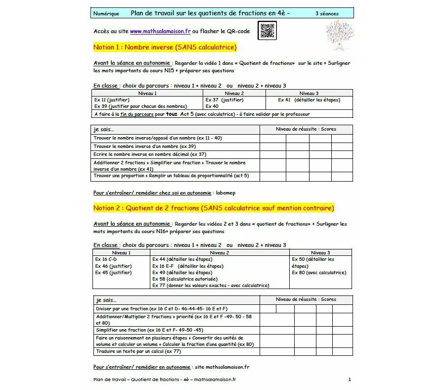 4e - Fractions - inverse et quotient: Plan de travail