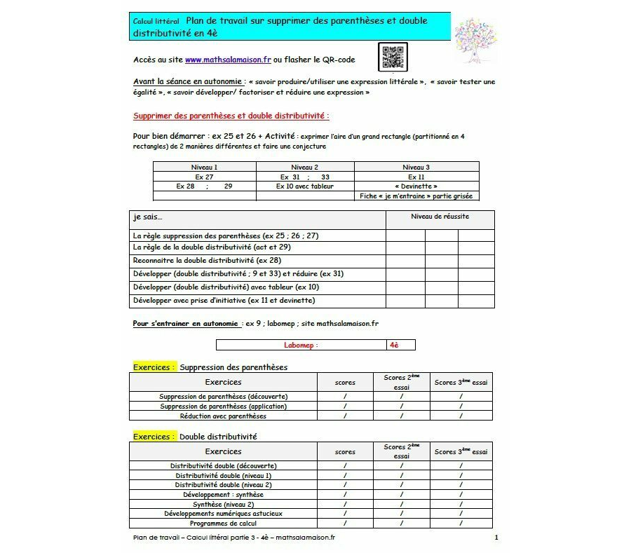 4e - Expressions litterales: Plan de travail