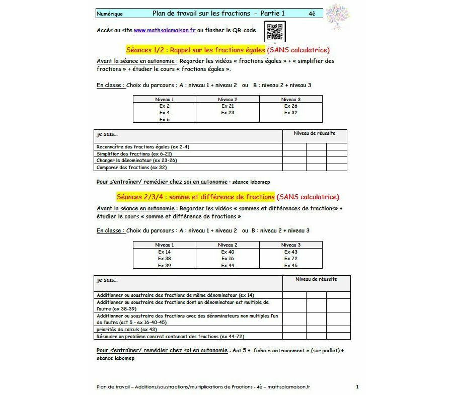 4e - Fractions - somme et produit: Plan de travail