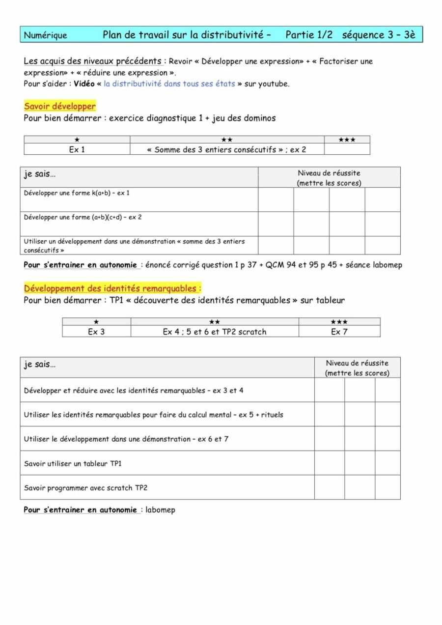 3e - Distributivité simple et double: Plan de travail
