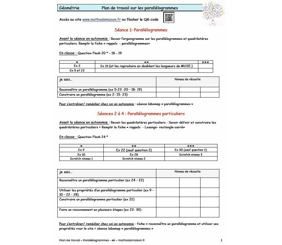 4e - Parallelogrammes: Plan de travail