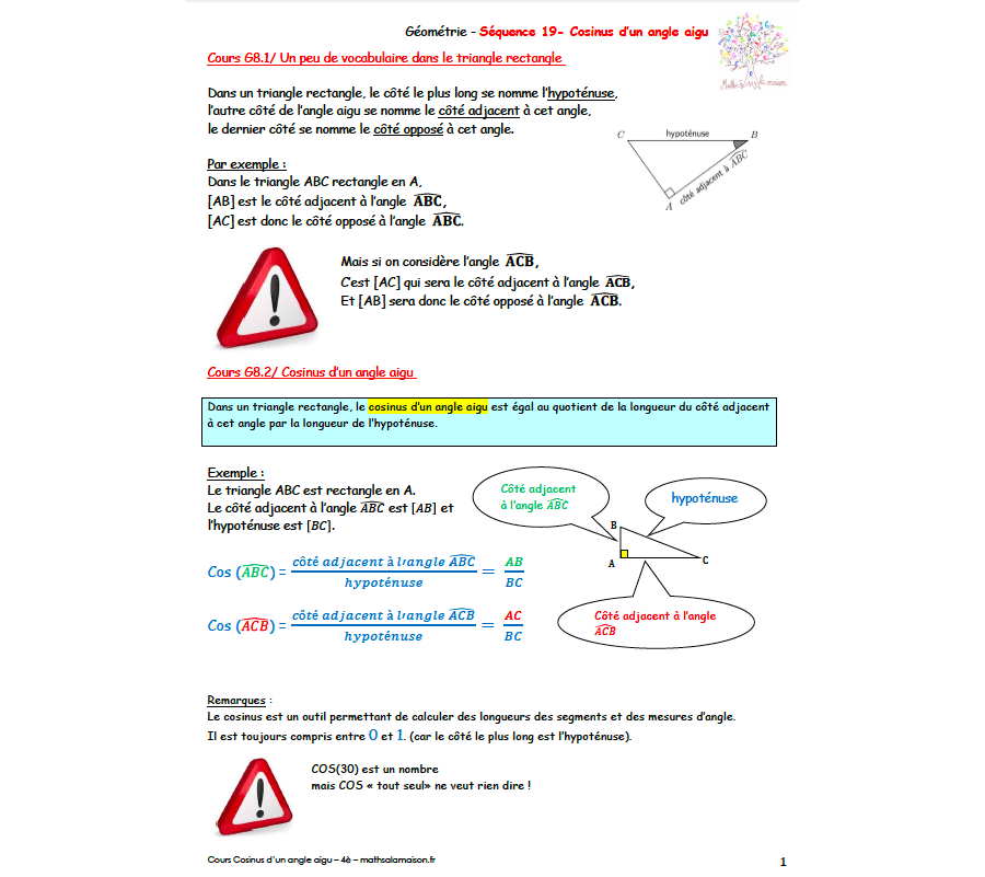 3è - Cosinus d'un angle: cours