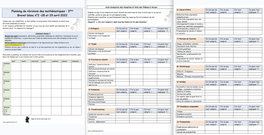 fiche pour apprendre à planifier ses révisions de brevet