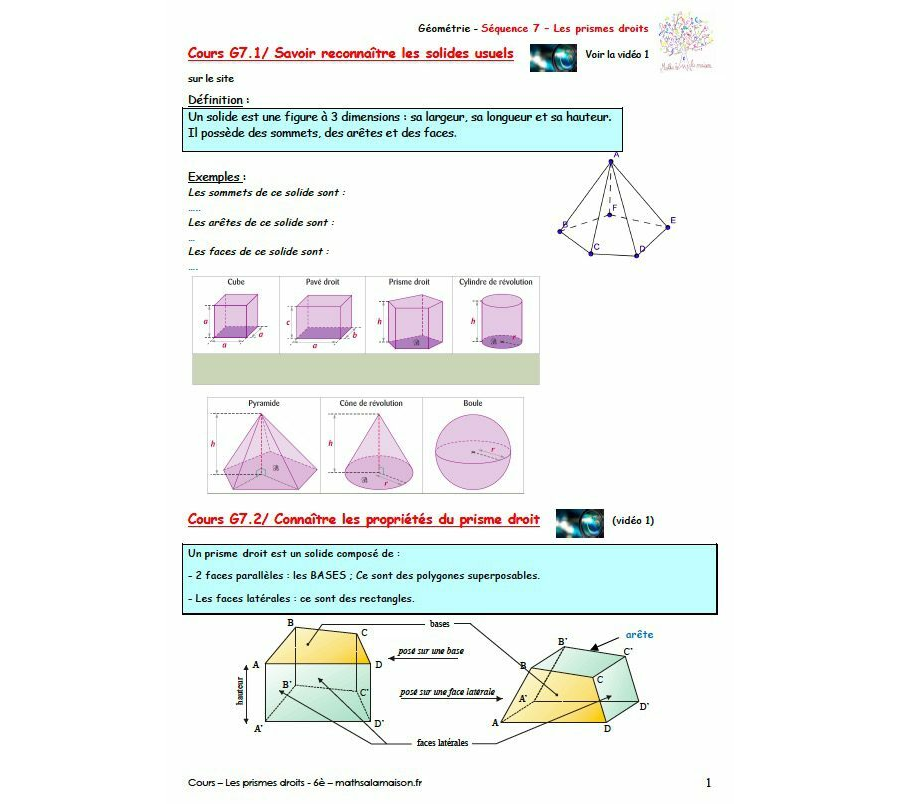 6è - Prismes droits: cours