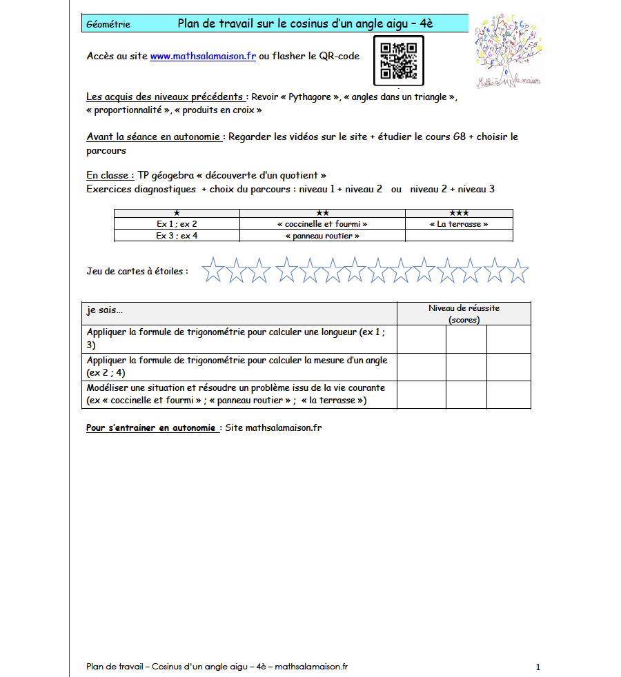 3e - Cosinus d'un angle: Plan de travail