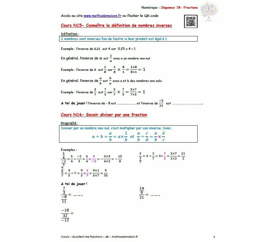 4è - Fractions - inverse et quotient: cours