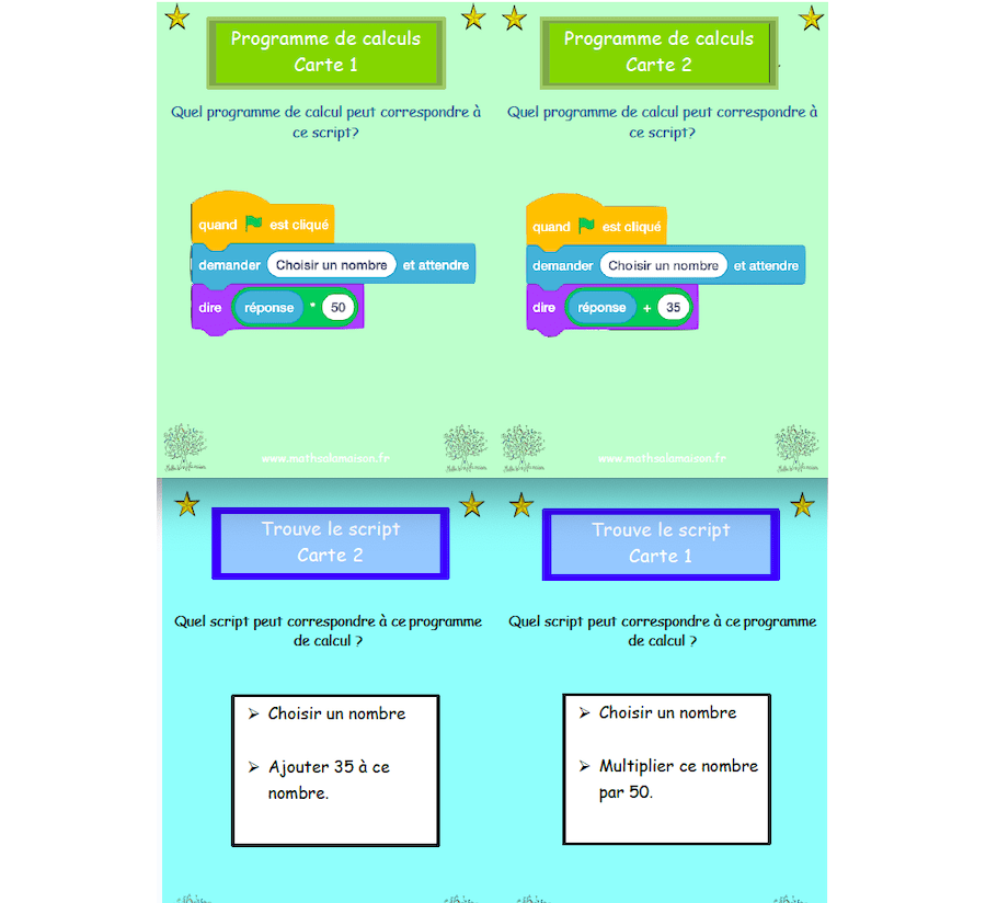 jeu de cartes réversible - programmes de calculs et scratch - cycle 3 et 4