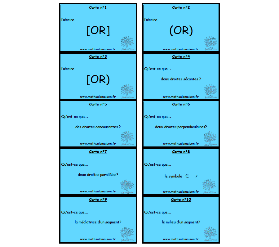 jeu de cartes "Mémo reverso" - vocabulaire droites partie 3