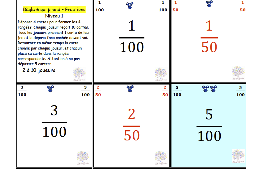 6e jeu de cartes -6 qui prend- Fractions